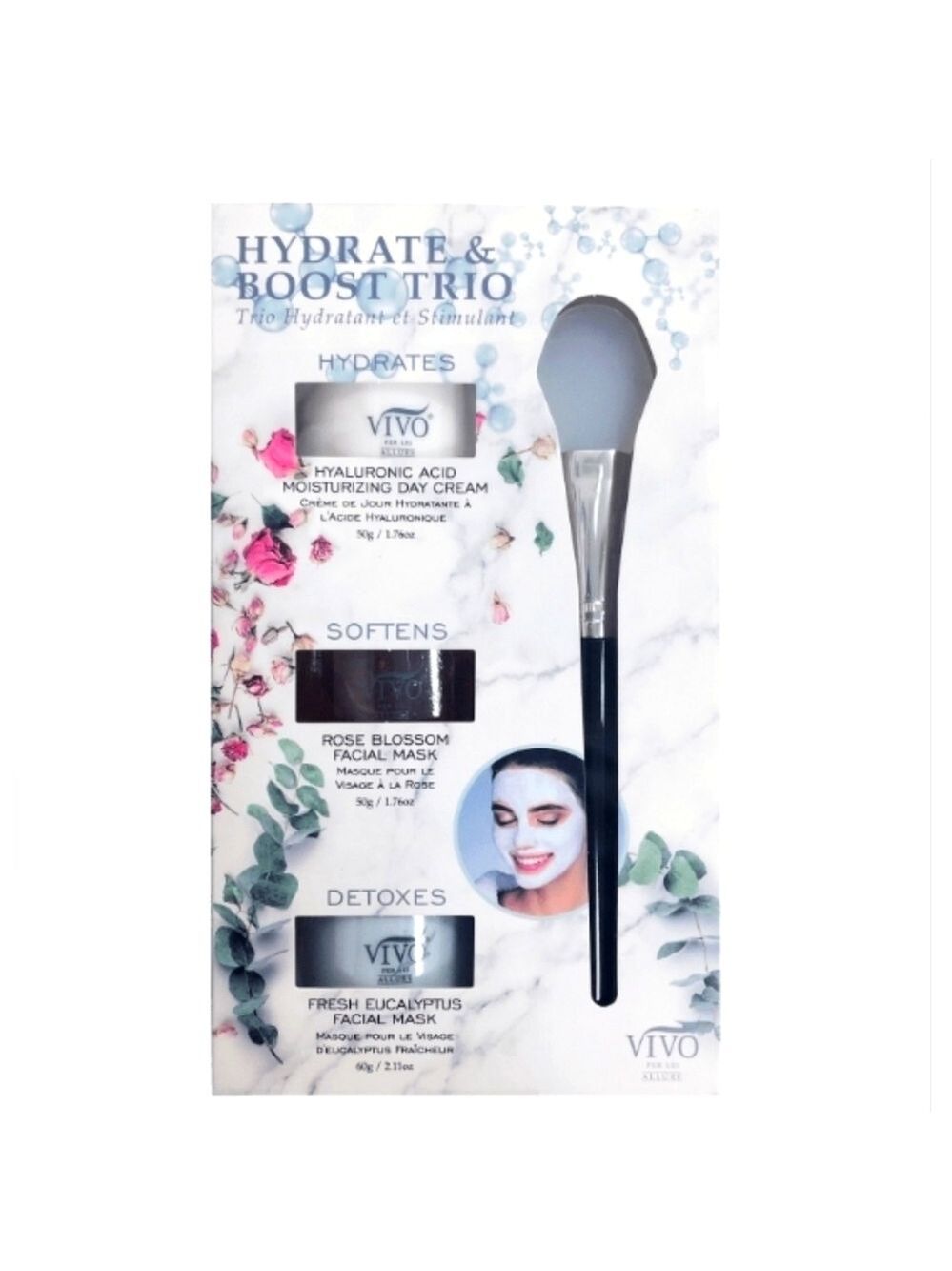 VIVO HYDRATE BOOST TRIO DAY CREAM ROSE BLOSSOM MASK EUCALYPTUS MASK